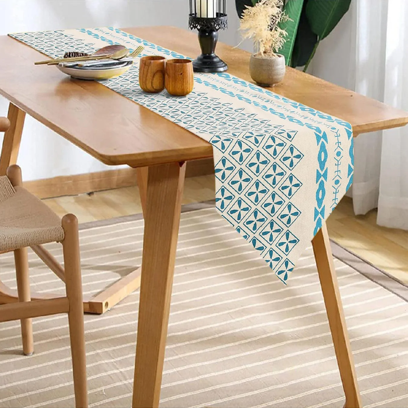 100% Cotton Table runner For 4 or 6 seater Dining / Centre Table - Global Border