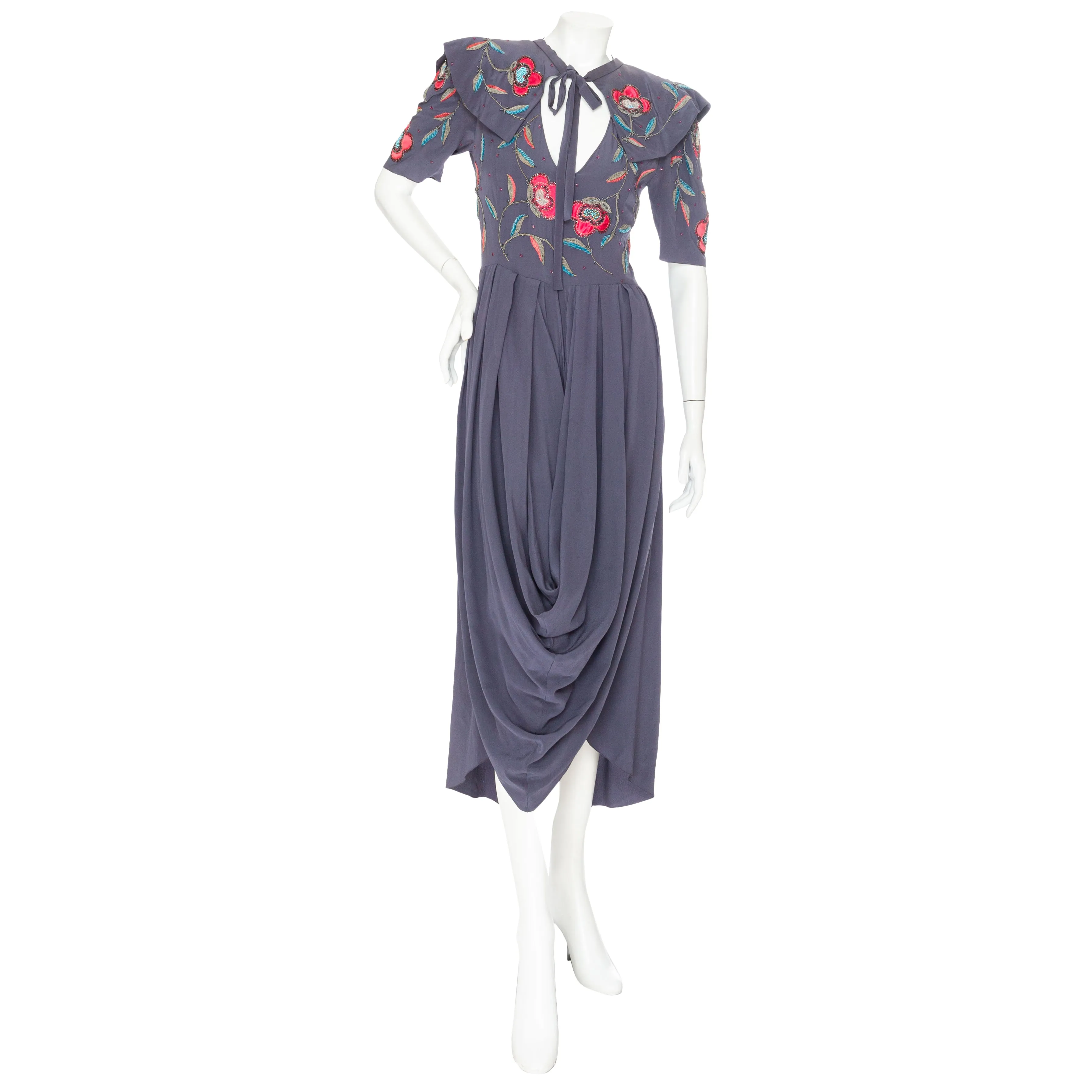 1970s Dusty Blue Silk Two-Piece Beaded Floral Draped Dress