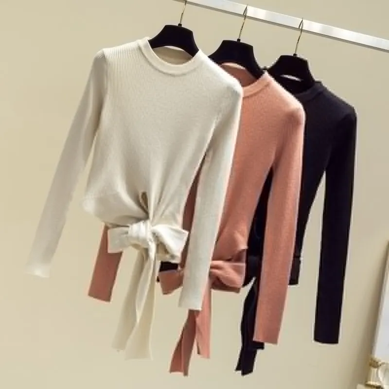 2019 Women Autumn Winter Sweater Crop Top Round Neck Pullover Lace Up Bow