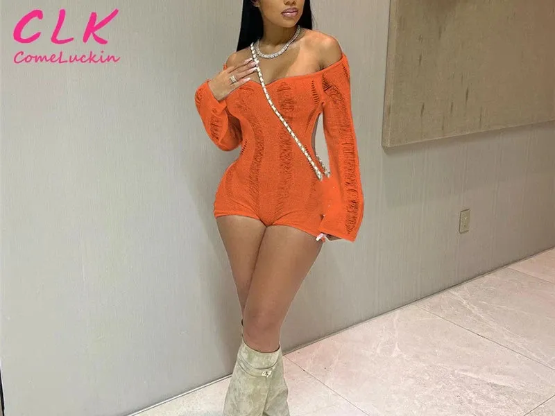 2023 Backless Sweater Knitted Romper Overall For Women Strapless Slash Neck One Piece Shorts Jumpsuit Streetwear