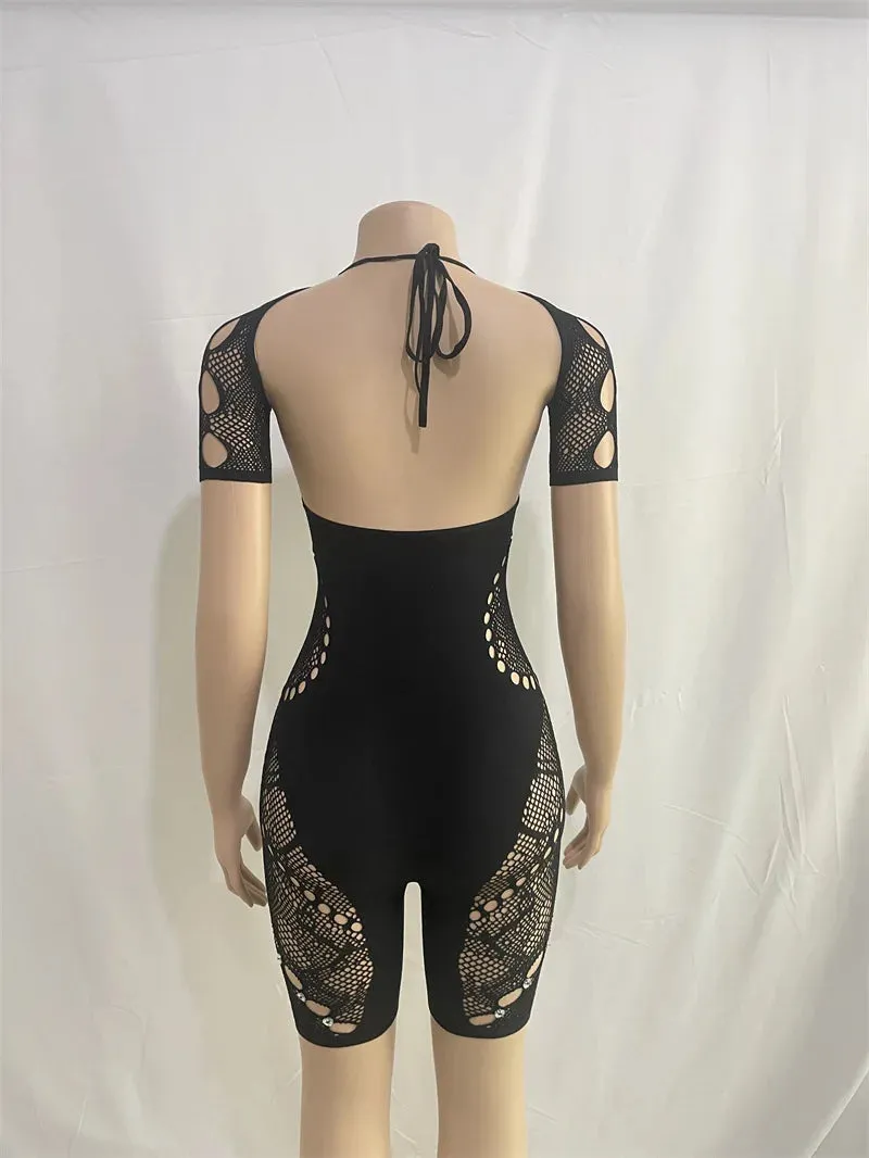 2023 New Hollow Out Short Sleeve Black Jumpsuit Sexy Women Lace See Through Summer Overalls Party Club Outfits Women clothing