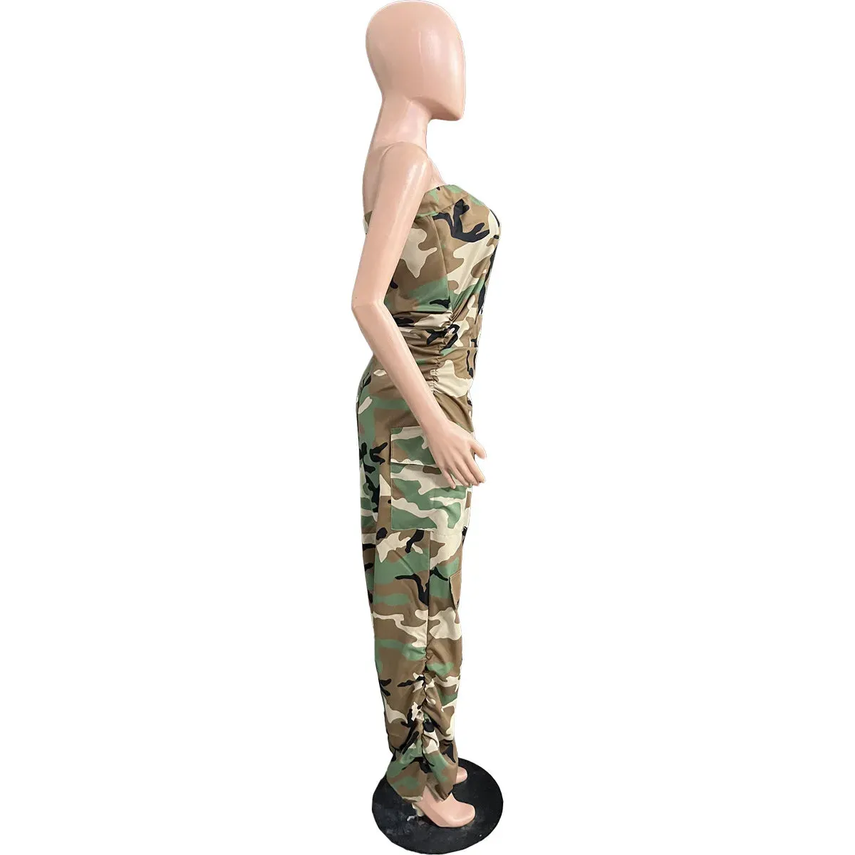 2023 Street Wear Fashion Unique Baggy Strapless Pocket Button Down Cargo Pants Camo Jumpsuit Women