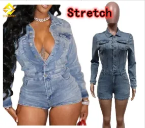 2024 New Spring women short jumpsuit stretch Patchwork Cargo Buckle rompers women denim jumpsuit