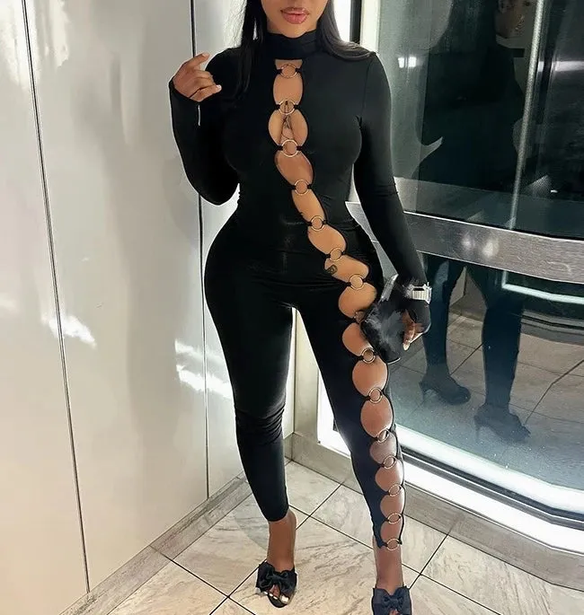 2024 Women Black Sexy Metal Ring Jumpsuit Hollow Out Bodycon Tracksuit Long Sleeve Romper