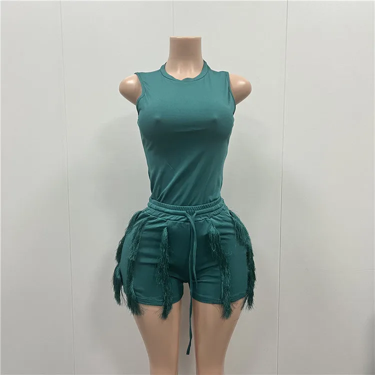 A532-summer women suits fringed sleeveless shorts jumpsuit solid color two piece set