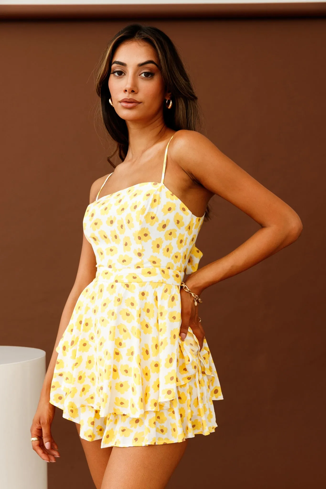 Alexandria Square Neckline Tie Back Romper Sunflower Print Yellow