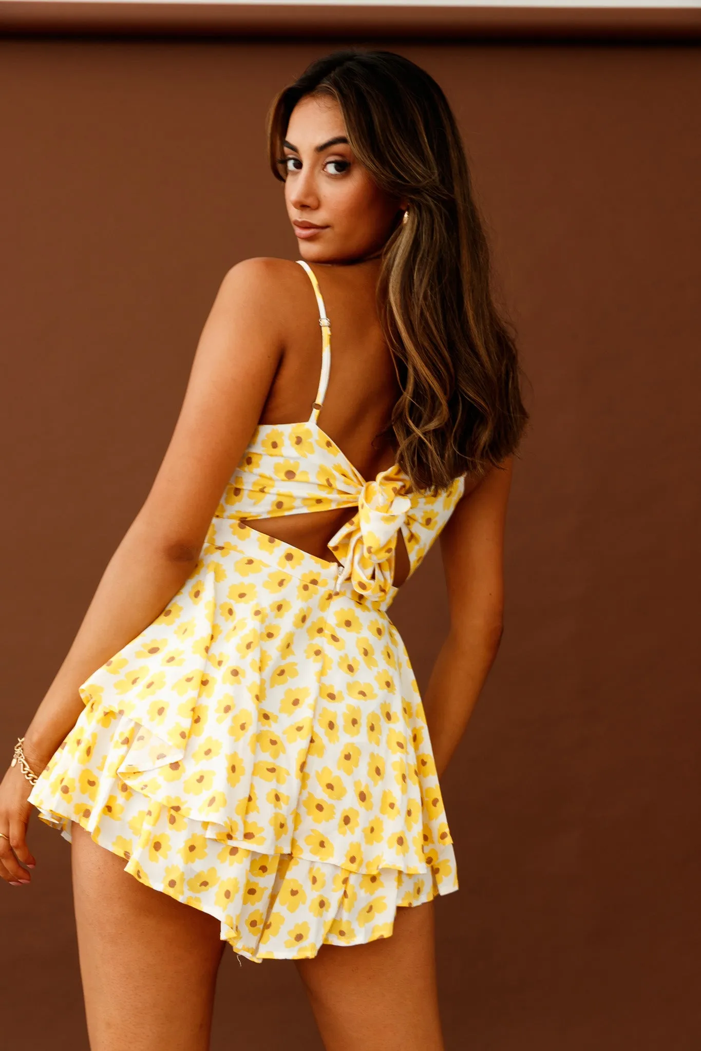 Alexandria Square Neckline Tie Back Romper Sunflower Print Yellow