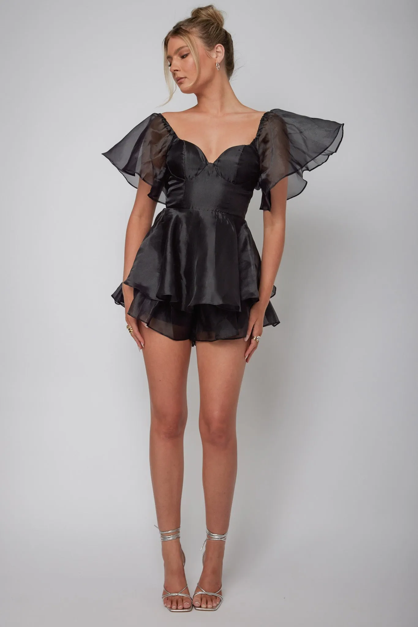 Aphrodite Angel Sleeve Layered Romper Black