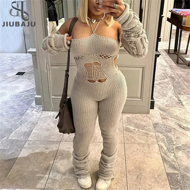 Autumn Lady Jumpsuit Sexy Knitted Halter Slash Neck Solid One Piece Attire Girl Lace Up Backless Stacked Pants Hot Overall