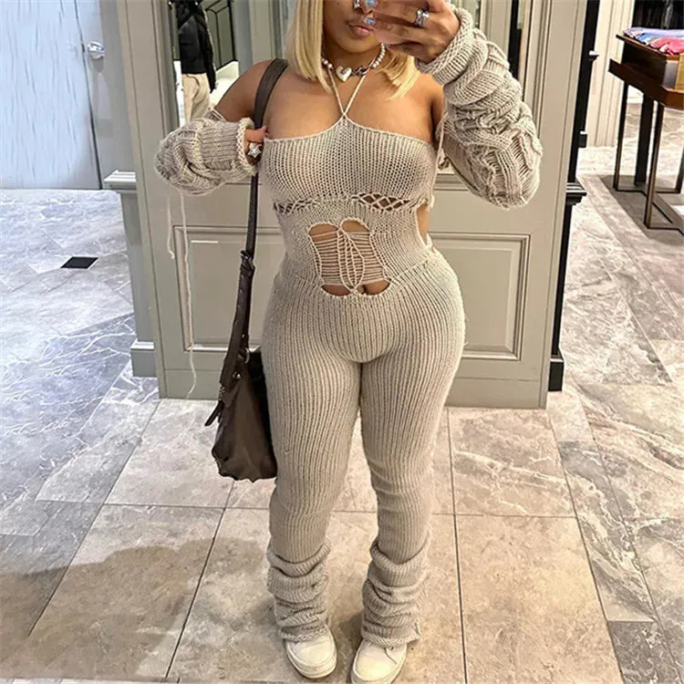 Autumn Lady Jumpsuit Sexy Knitted Halter Slash Neck Solid One Piece Attire Girl Lace Up Backless Stacked Pants Hot Overall