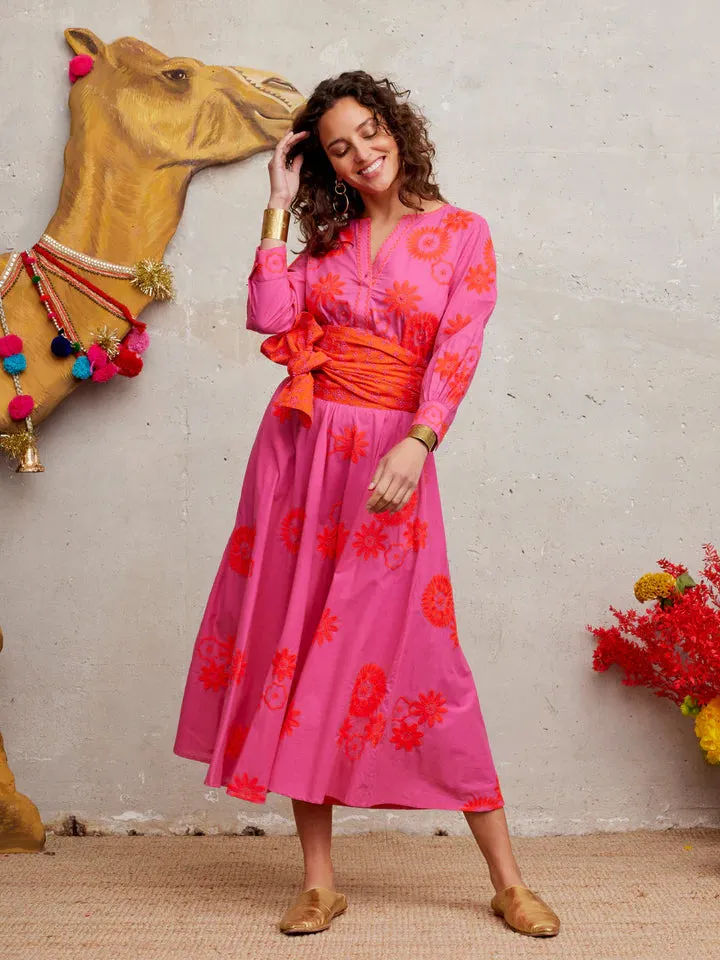 Azurite Embroidered Flower Dress in pink/orange by Nimo