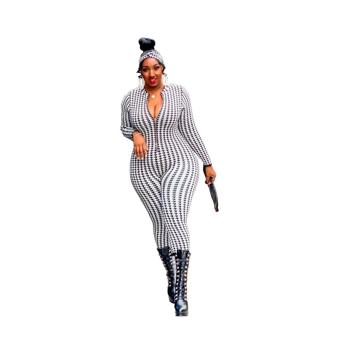 B1201ME87 Plus size Deep V Neck One Piece Zipper Houndstooth Print Bodycon Jumpsuit Romper