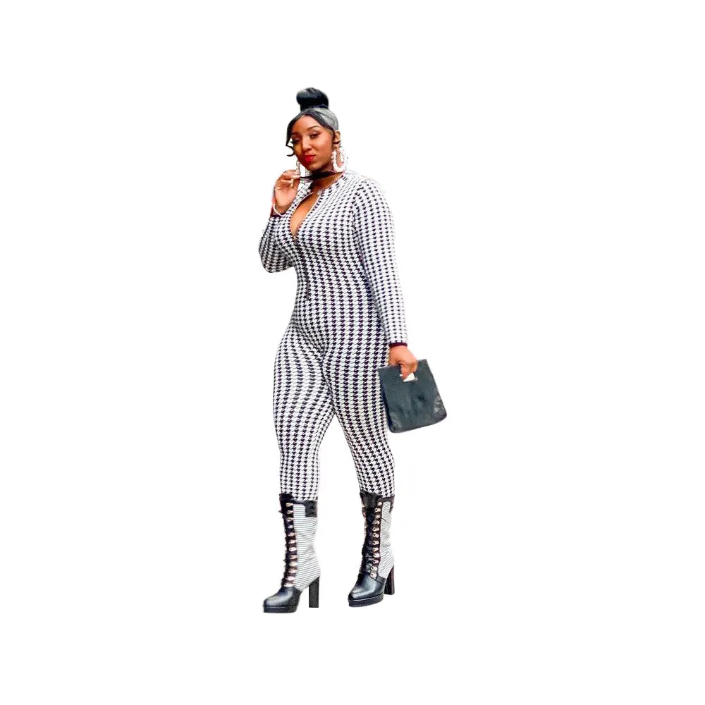 B1201ME87 Plus size Deep V Neck One Piece Zipper Houndstooth Print Bodycon Jumpsuit Romper