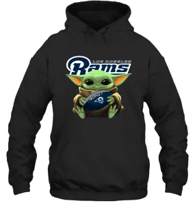 Baby Yoda Loves The Los Angeles Rams Star Wars Baby Yoda Hugs Rams NFL Adult Hoodie Sweatshirt