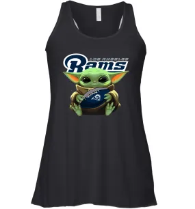 Baby Yoda Loves The Los Angeles Rams Star Wars Baby Yoda Hugs Rams NFL Womens Racerback Tank Top