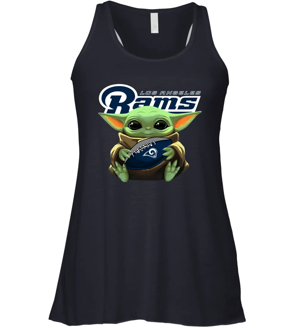 Baby Yoda Loves The Los Angeles Rams Star Wars Baby Yoda Hugs Rams NFL Womens Racerback Tank Top