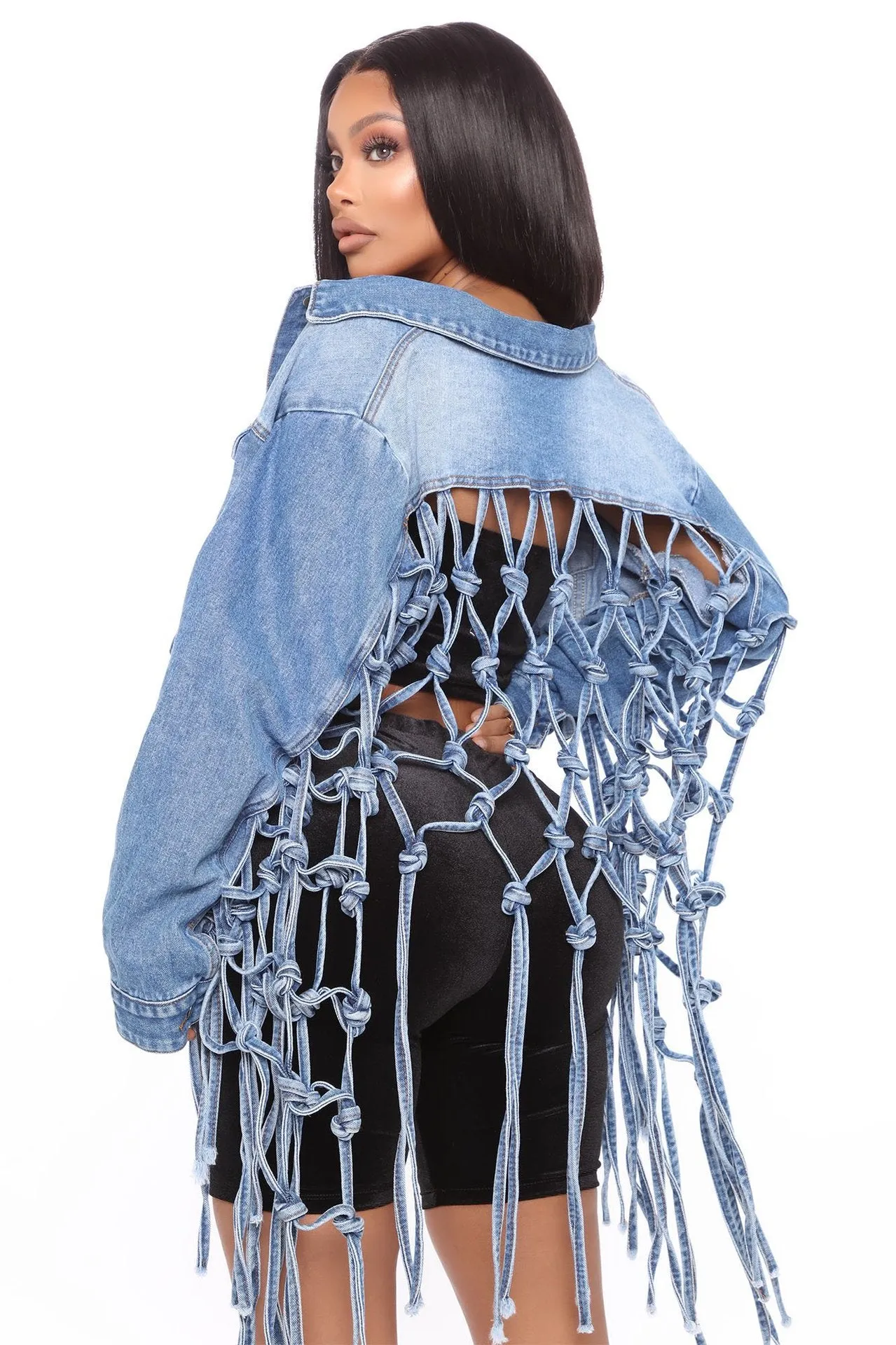 Back mesh fringed denim jacket women（AY1245）