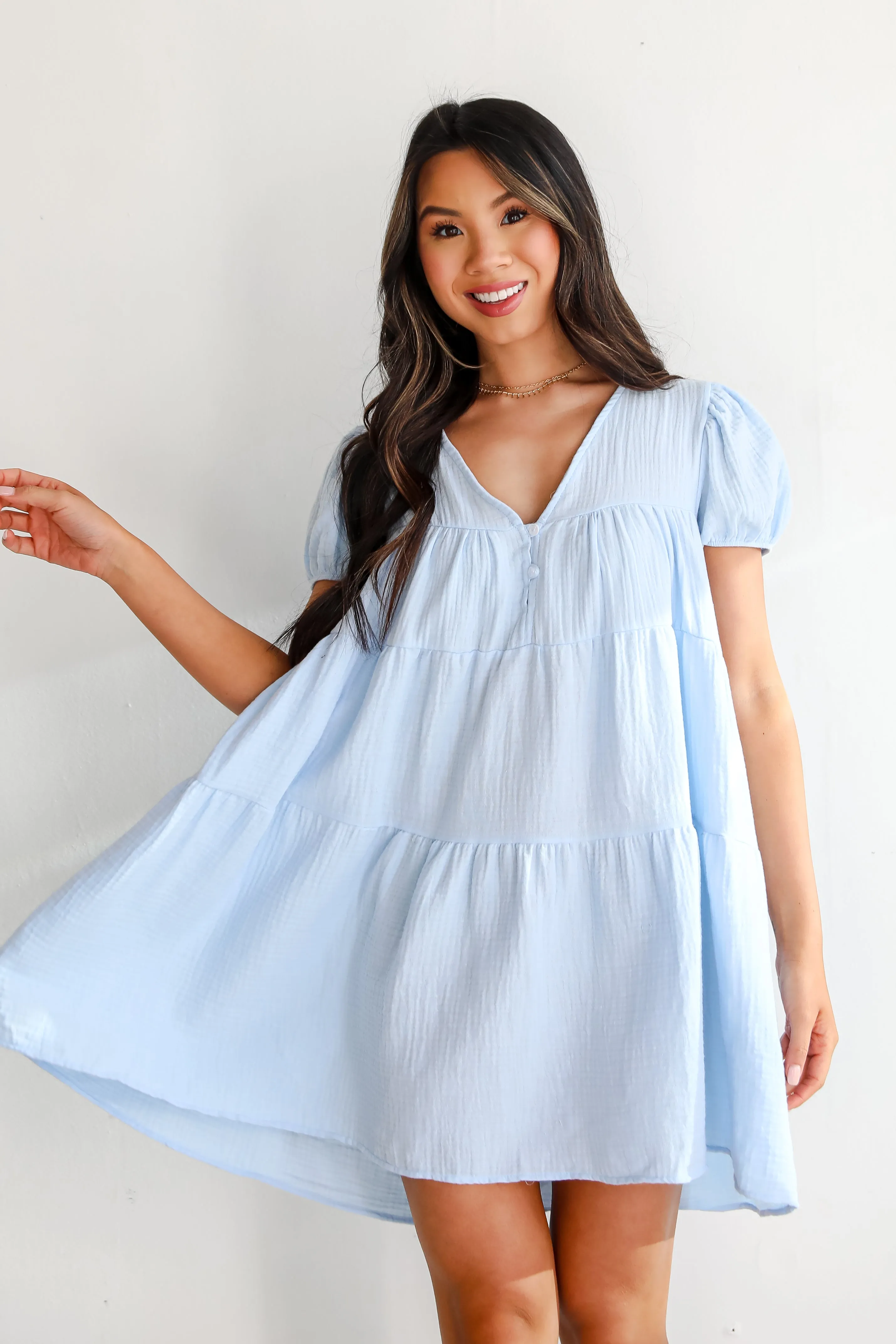 Beautiful Impression Light Blue Linen Mini Dress