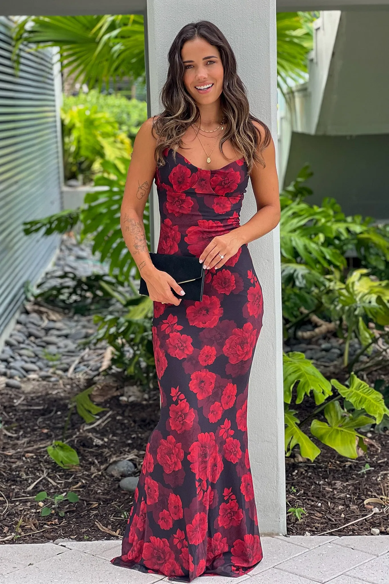 Black And Red Floral Mesh Maxi Dress