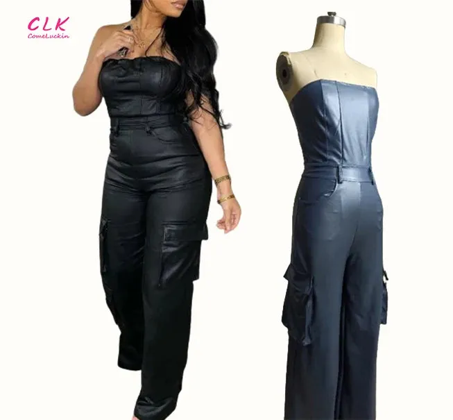 Black Faux Leather Jumpsuit Women Off Shoulder Long Jumpsuits Summer Cargo Jumpsuit