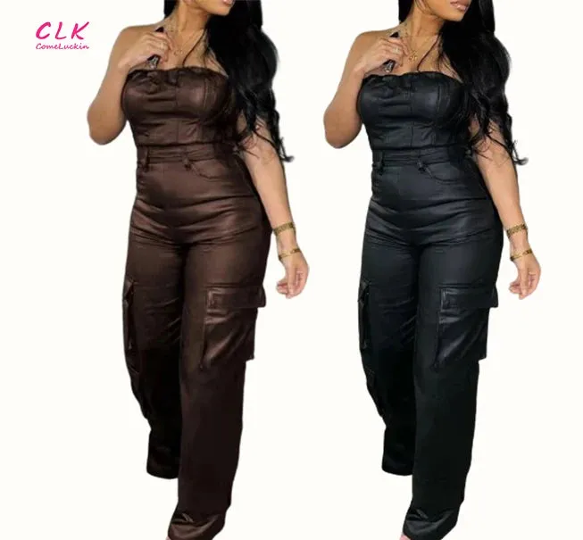 Black Faux Leather Jumpsuit Women Off Shoulder Long Jumpsuits Summer Cargo Jumpsuit