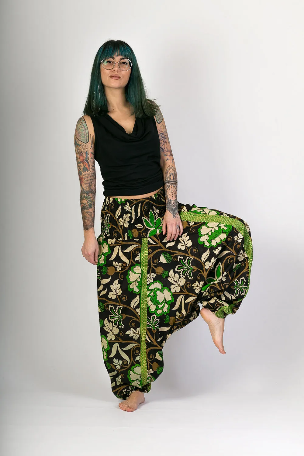 Black Green Print Cotton Harem Jumpsuit Pants