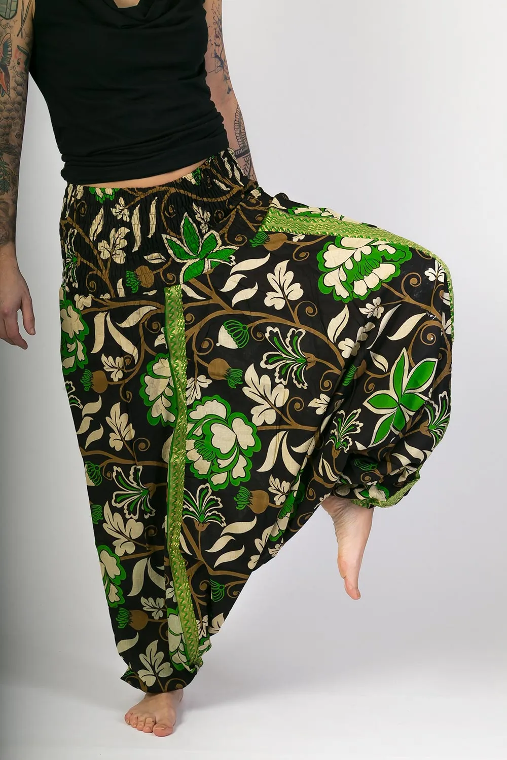 Black Green Print Cotton Harem Jumpsuit Pants