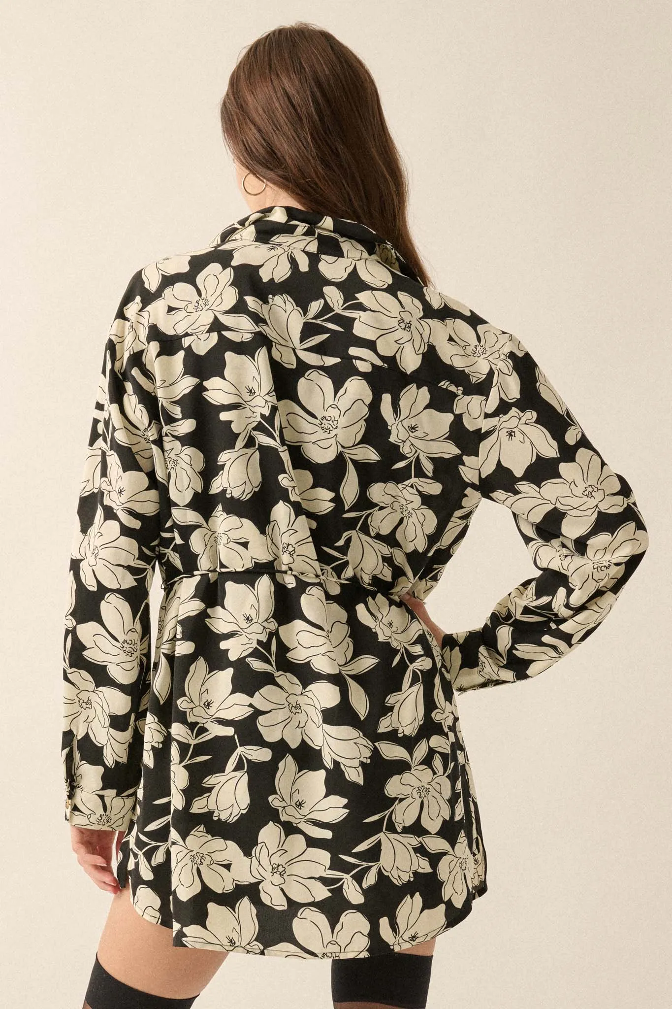 Black Iris Floral Button-Front Belted Shirt Romper