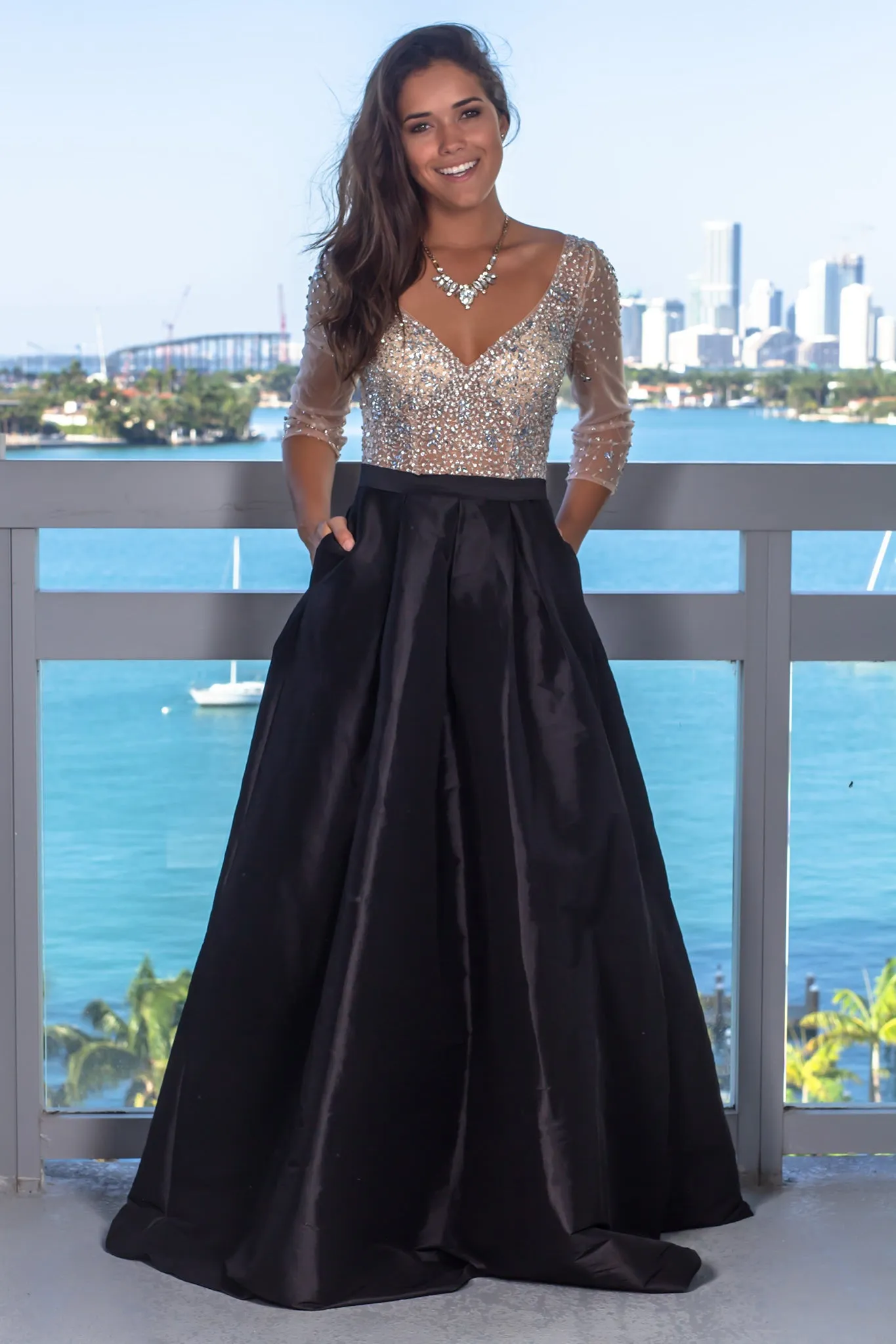 Black Jeweled Top Maxi Dress with Pockets