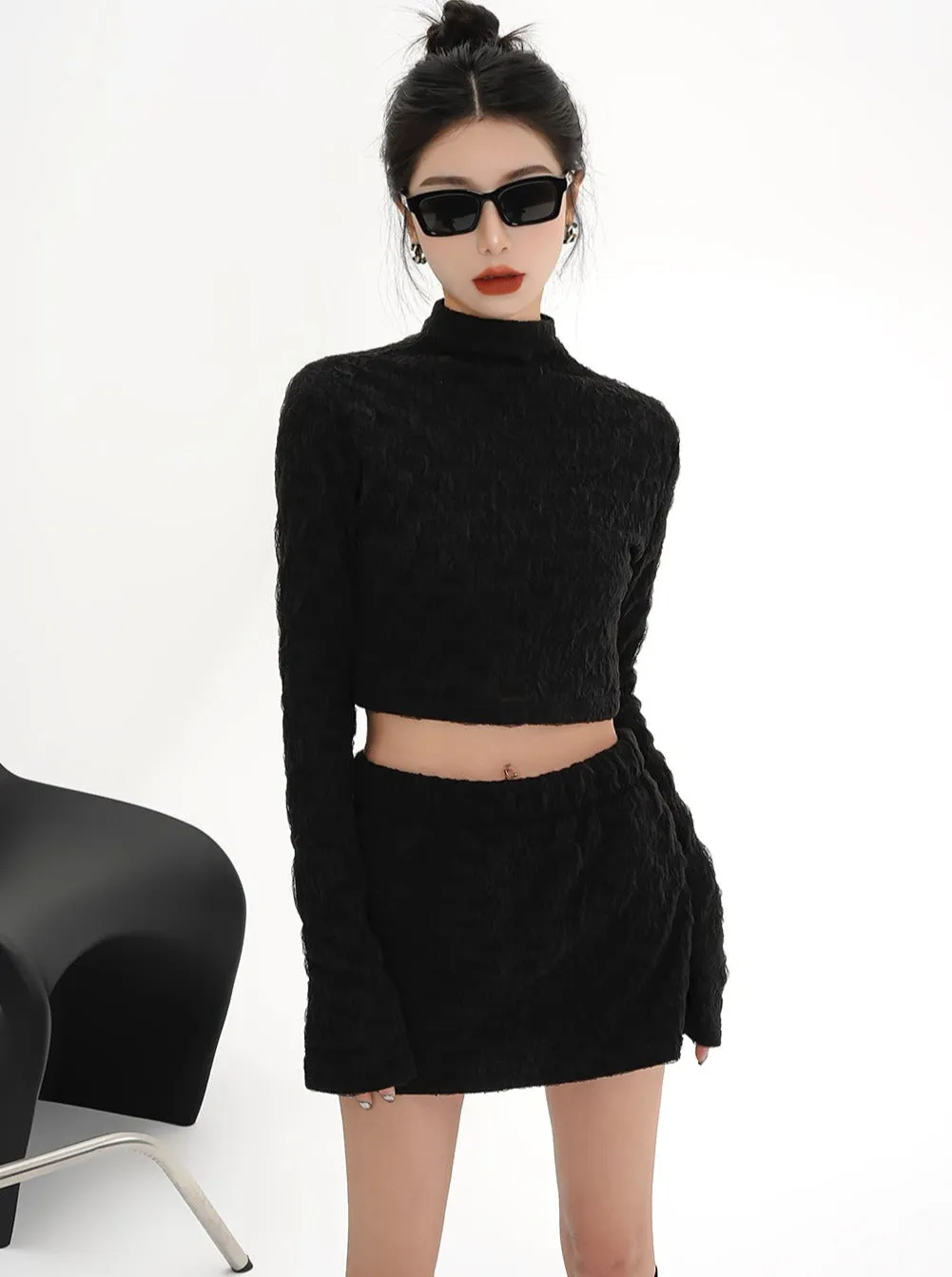 Black Ribbed Turtleneck Crop Top - Long Sleeve Fitted Mock Neck Sweater