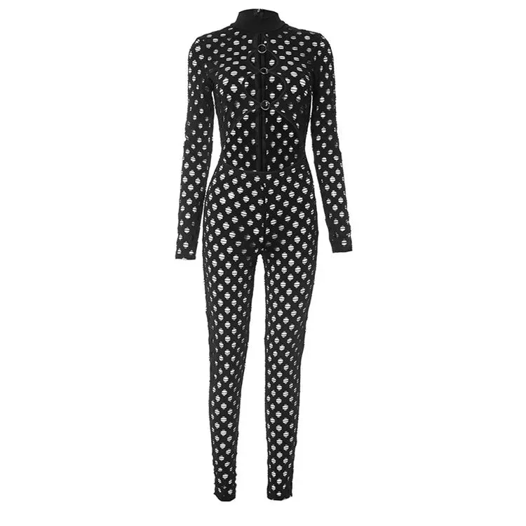 Black Sexy Hollow Out Bodycon Jumpsuit Night Club Clothing For Women 2023 Fashion Metal Ring Jumpsuits