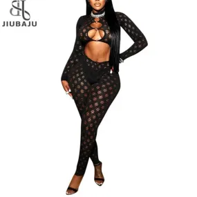 Black Sexy Hollow Out Bodycon Jumpsuit Night Club Clothing For Women 2023 Fashion Metal Ring Jumpsuits