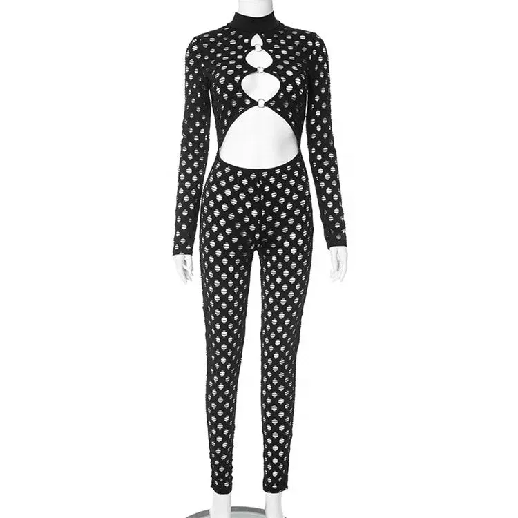 Black Sexy Hollow Out Bodycon Jumpsuit Night Club Clothing For Women 2023 Fashion Metal Ring Jumpsuits