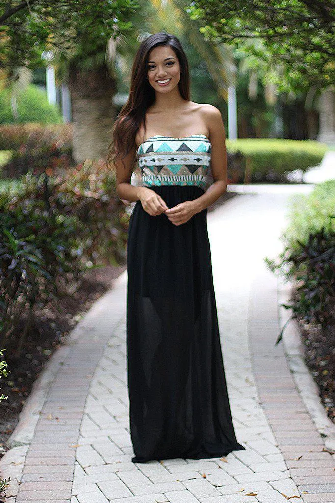 Black Strapless Maxi Dress With Sequin Top