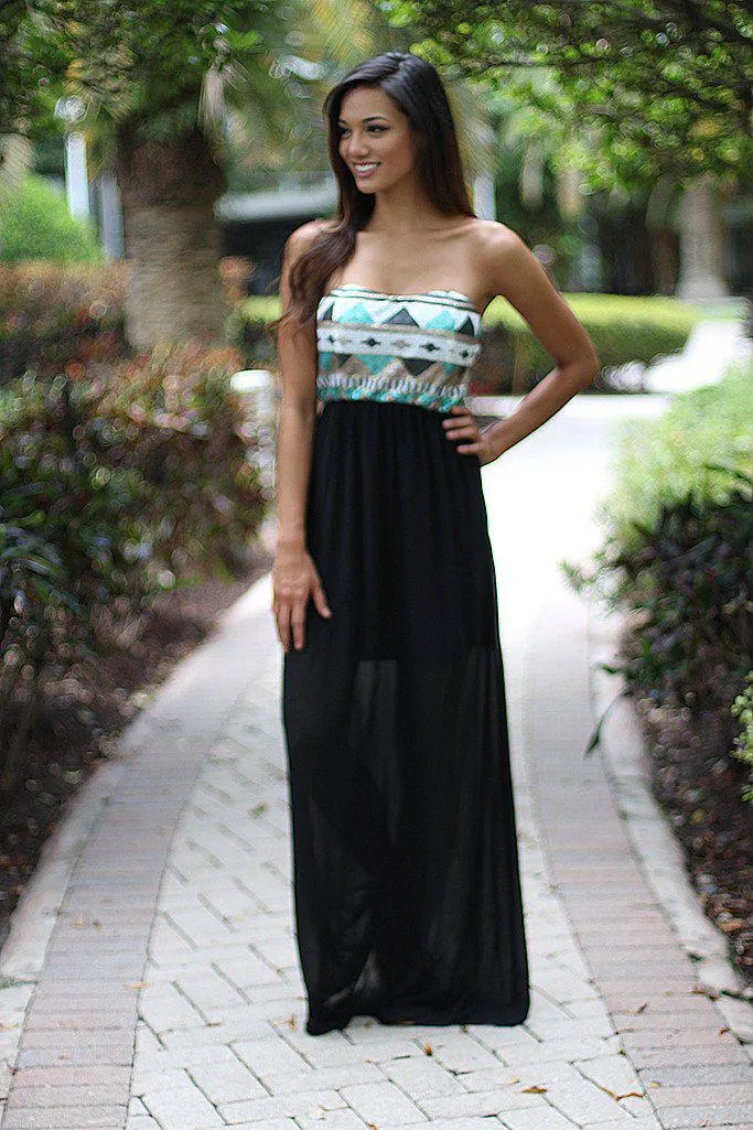 Black Strapless Maxi Dress With Sequin Top