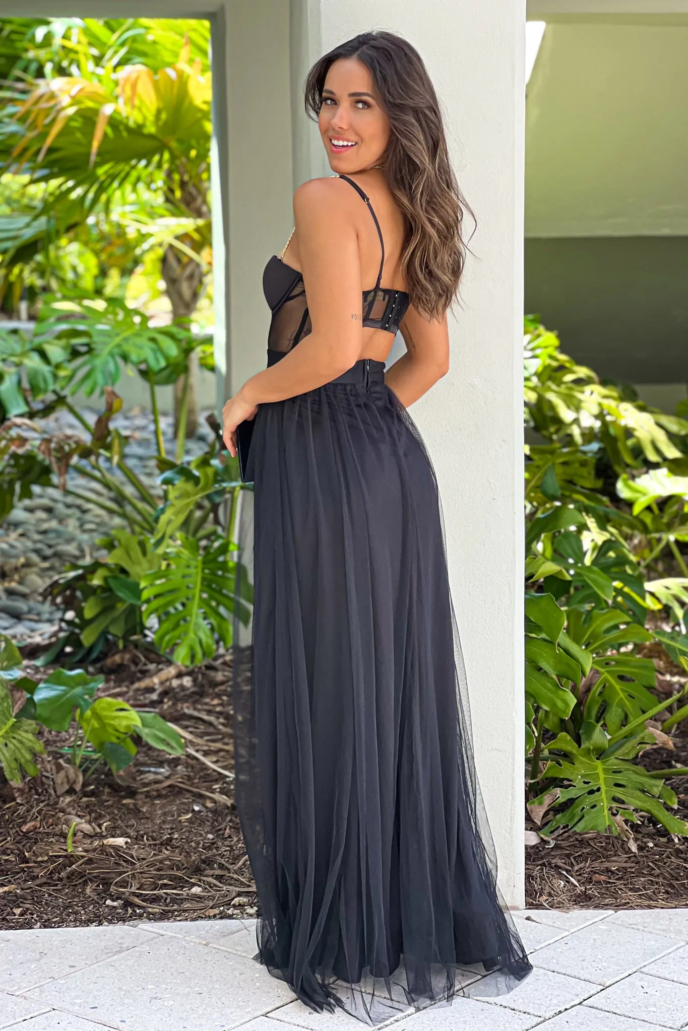 Black Tulle Maxi Dress With Corset Top