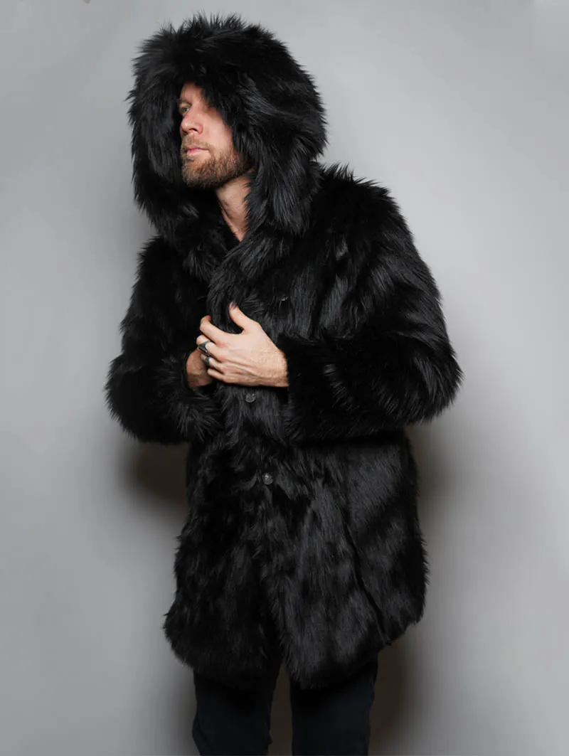 Black Wolf Plaid Hooded Faux Fur Coat | Men's