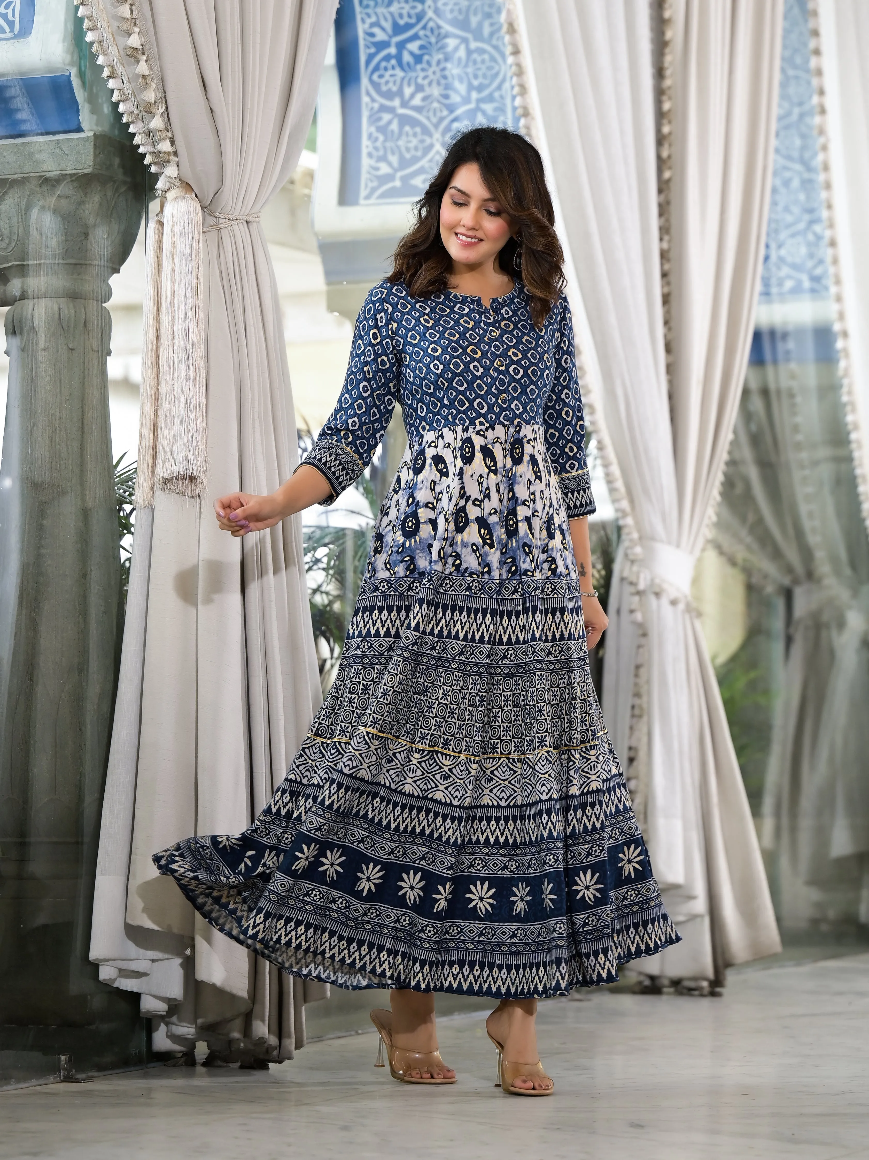 Blue Ethnic Motif Printed Liva Rayon Dress With Buttons & Lace