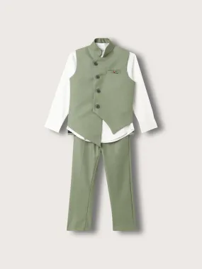 Blue Giraffe Boys Green Solid Waist Coat Set