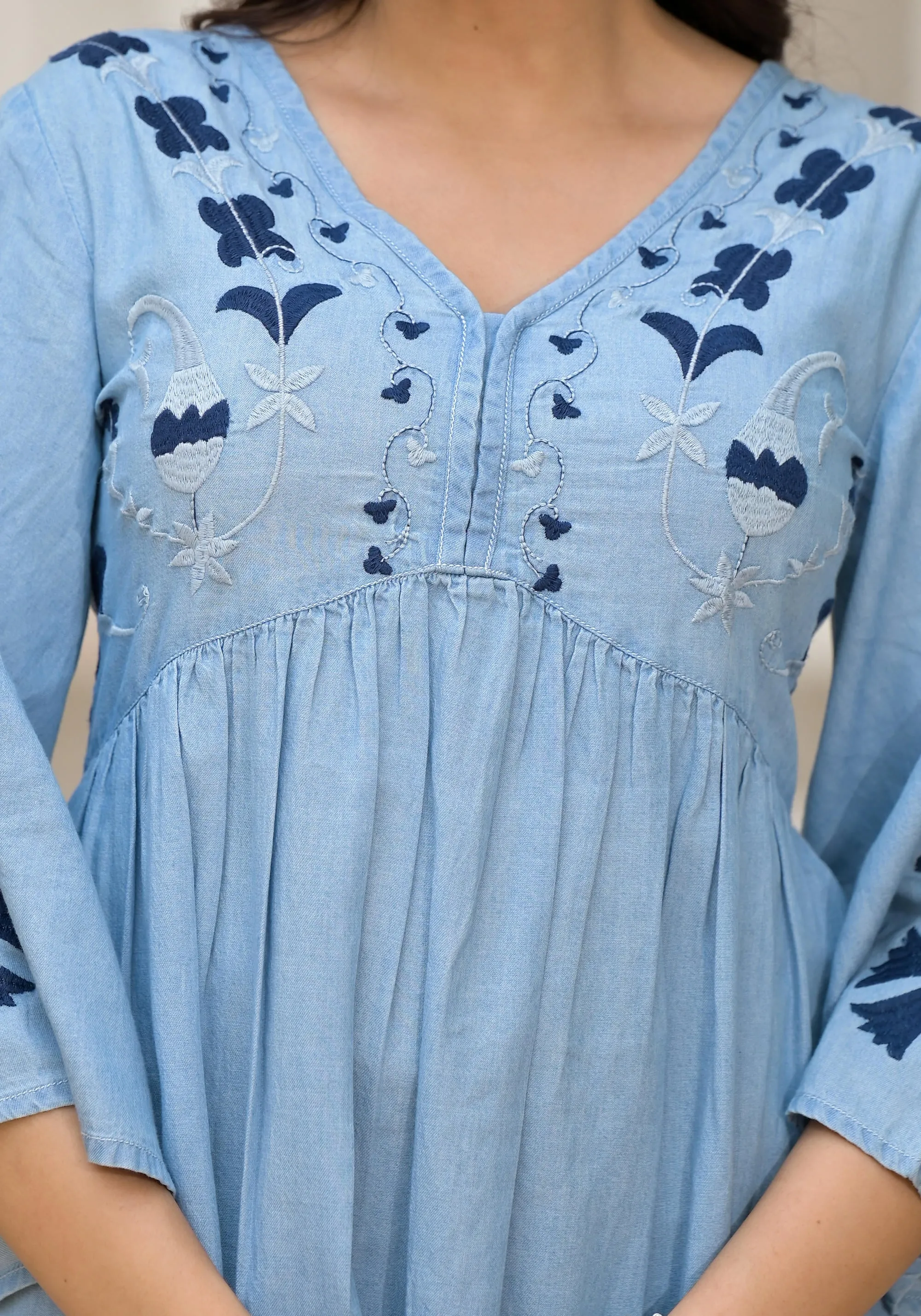 Blue Thread Embroidered Cotton Denim Dress