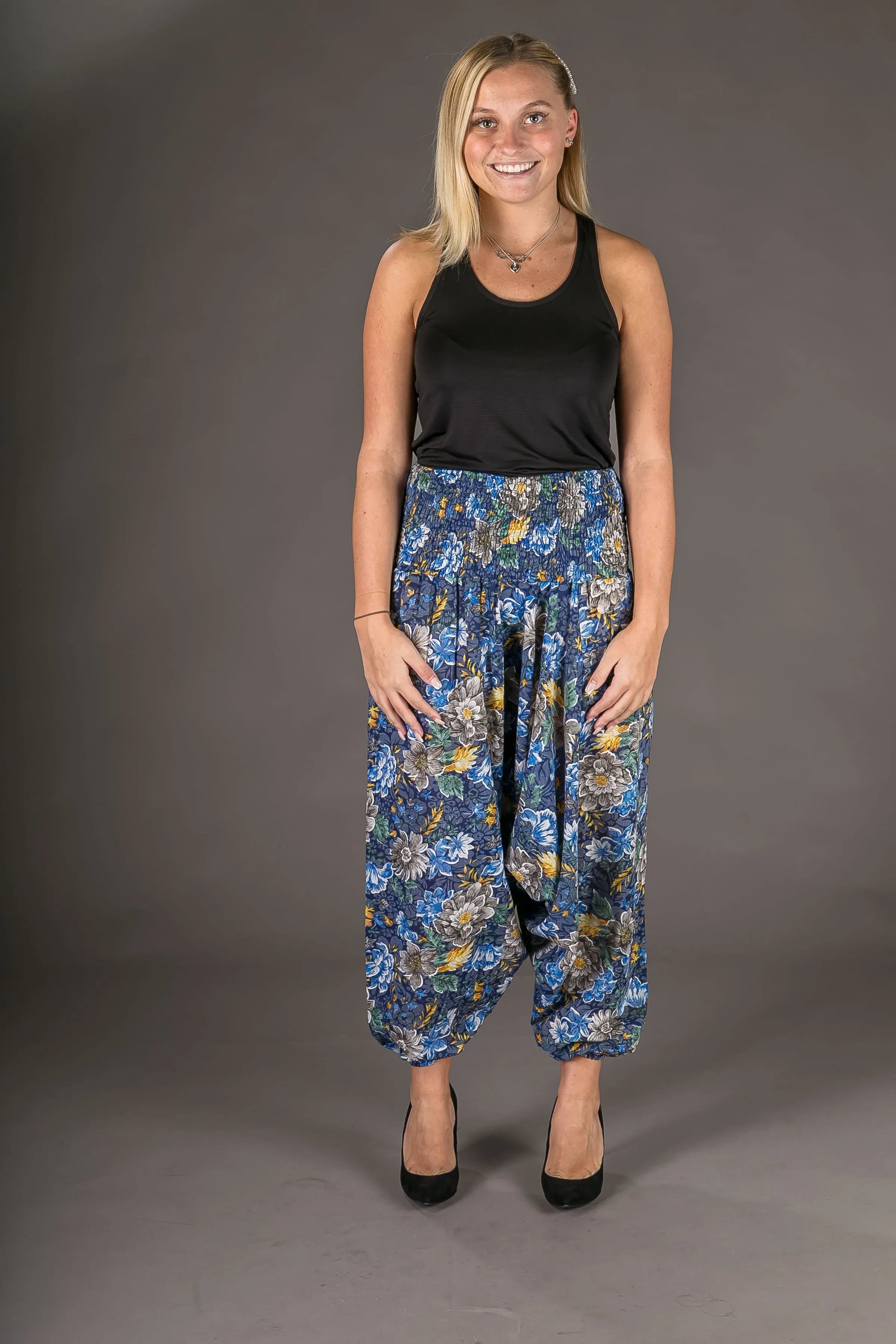 Blue Yellow Floral Print Cotton Harem Yoga Jumpsuit Pants