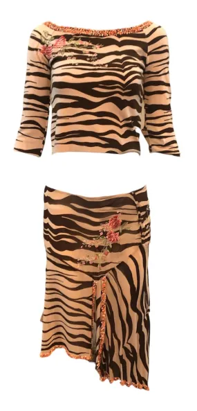 Blumarine Y2k Tiger Print Skirt and Cashmere Sweater Ensemble