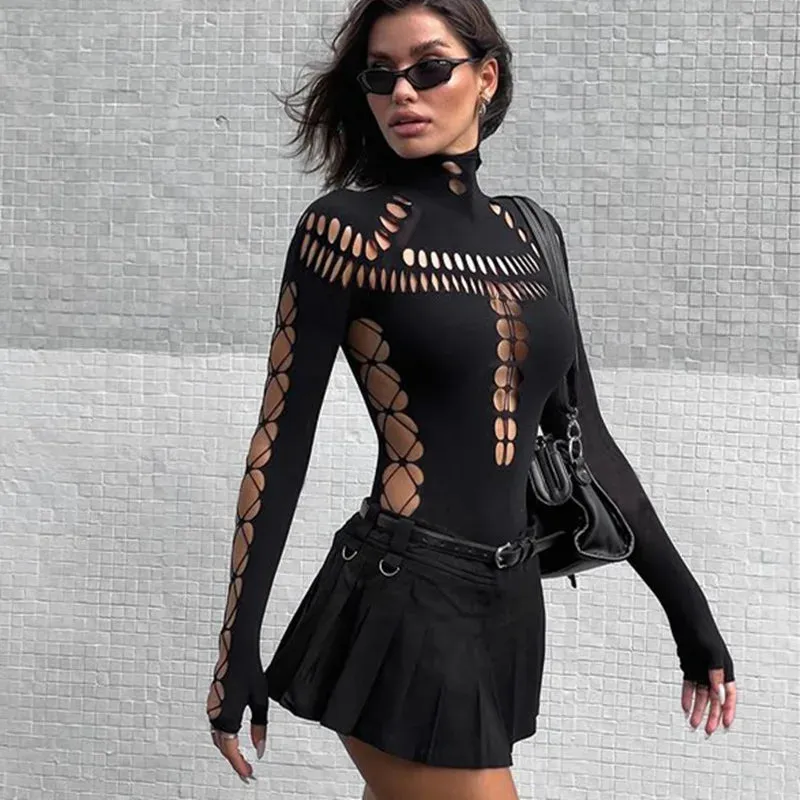 Bomblook C1006BS Fall Turtle Neck Hollow Out Long Sleeves Playsuit Solid Sexy Women Bodysuit Women Jumpsuit 2023