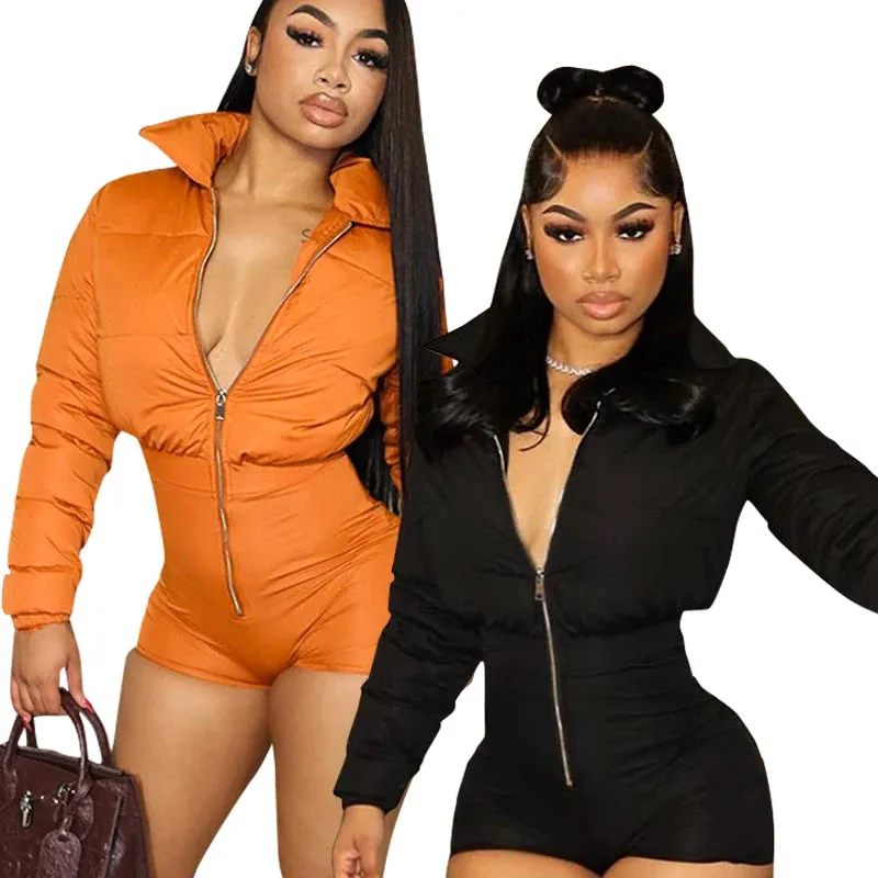 Bomblook K23RP476 Stylish Puffer Coat Playsuit Cotton Thick Romper With Zipper Casual Streetwear Rompers Short Jumpsuit Women