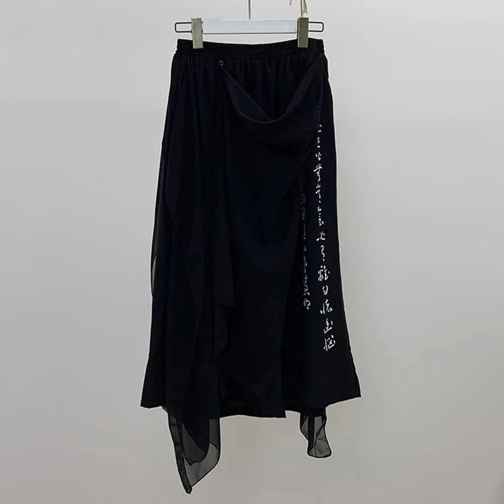 Bonsir Gothic Calligraphy Print Culottes Dark Irregular Wide-Leg Pants Autumn Streetwear Versatile Hakama Trend Samurai Pants Unisex