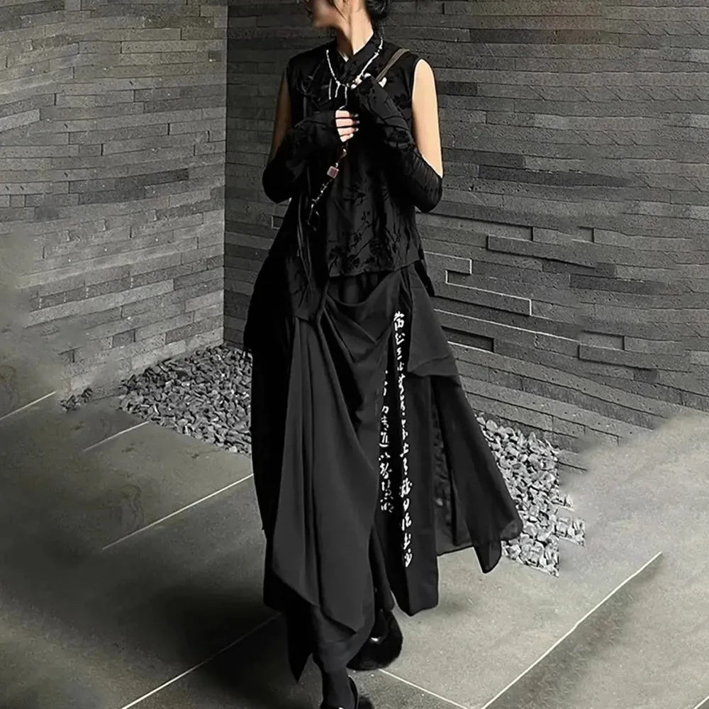 Bonsir Gothic Calligraphy Print Culottes Dark Irregular Wide-Leg Pants Autumn Streetwear Versatile Hakama Trend Samurai Pants Unisex