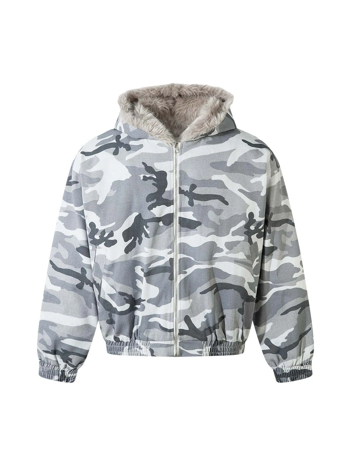 Camouflage Patchwork Fur Hooded Jacket Tracksuit