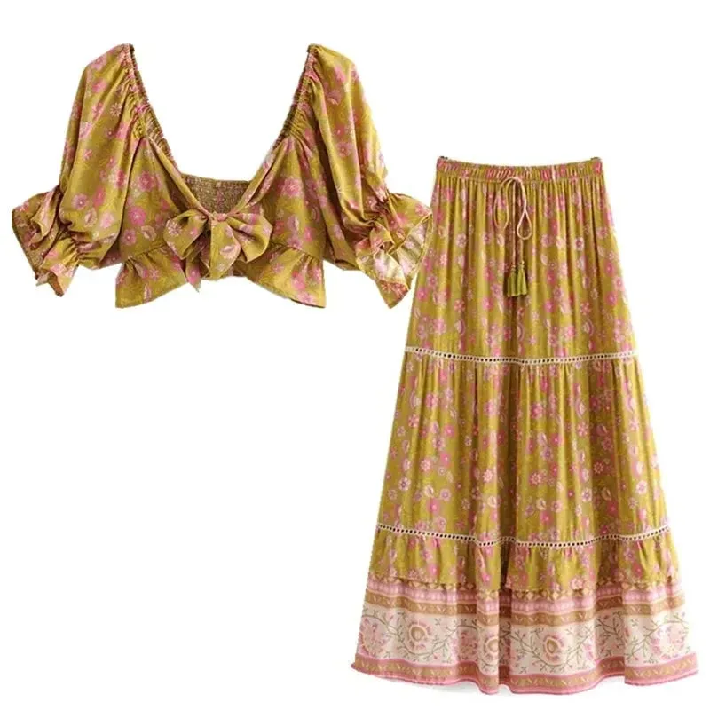 Cara's Boho Bow Front Crop Top Matching Maxi Skirt