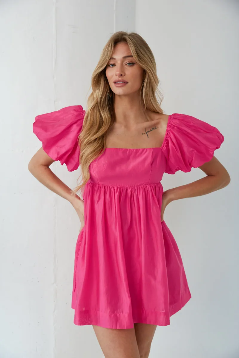 Cassia Puff Sleeve Babydoll Mini Dress in Fuchsia