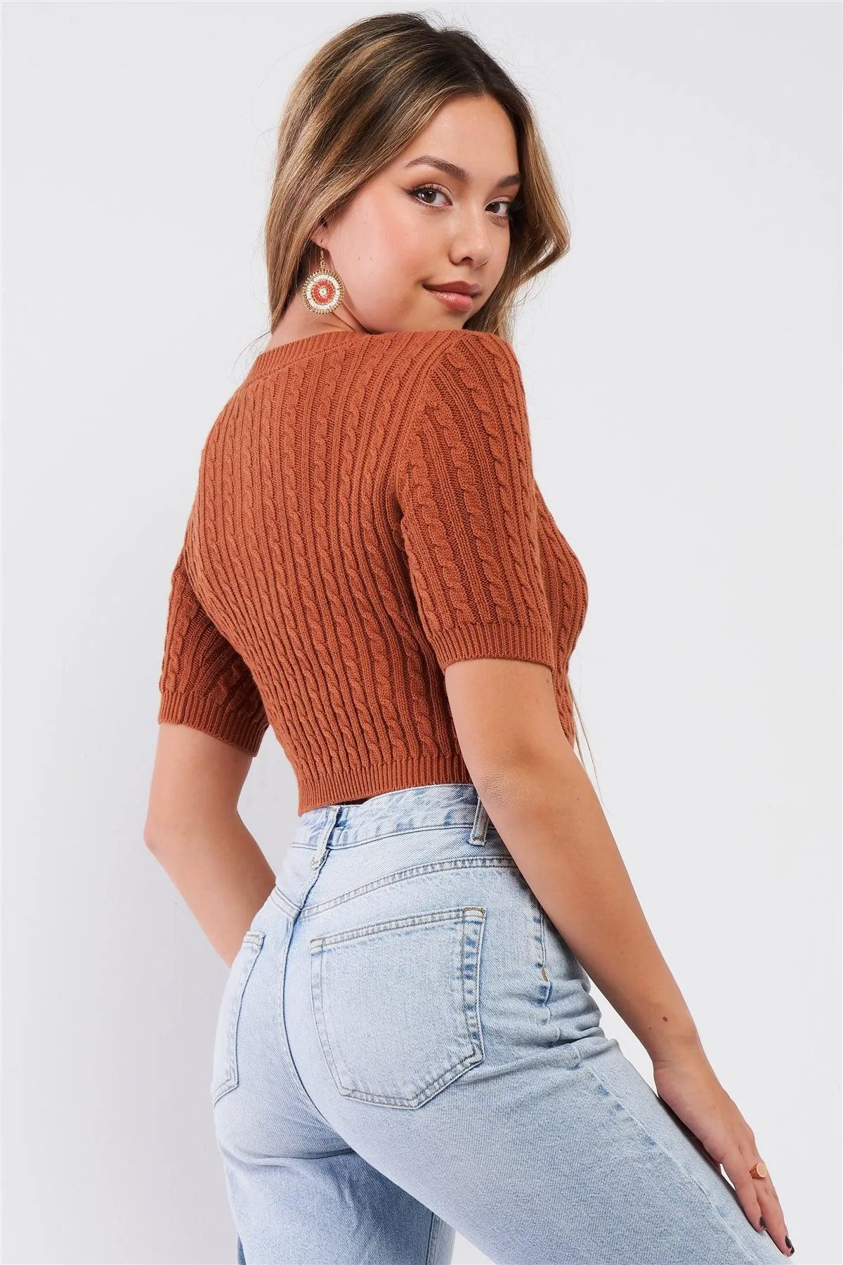 Chocolate Cable Knit Button Down Round Neck Crop Top /3-2-1